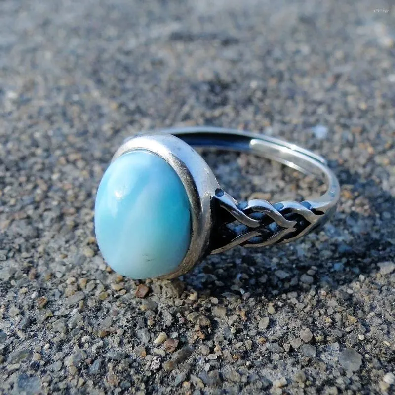 Cluster Rings Soild 925 Sterling Silver Twisted Blue Natural 8x10MM Larimar Rope Ring Engagement