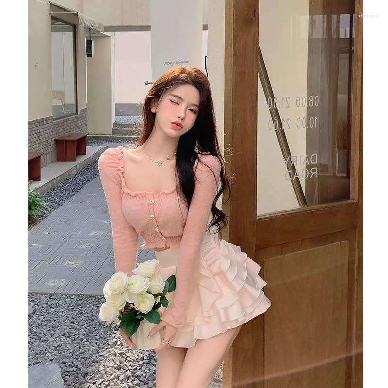 Work Dresses Autumn Sweet Square Neck A Short Section Of Thin Long-sleeved Top Ruffle Cute Half-body Skirt Suit Female