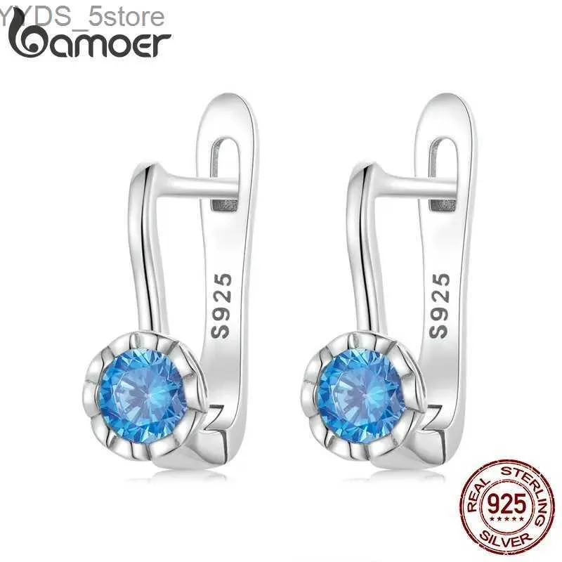 Stud Bamoer 925 en argent Sterling Simple brillant bleu Zircon boucles d'oreilles pour les femmes bijoux fins de luxe cadeau de mariage boucles d'oreilles BSE686 YQ231107