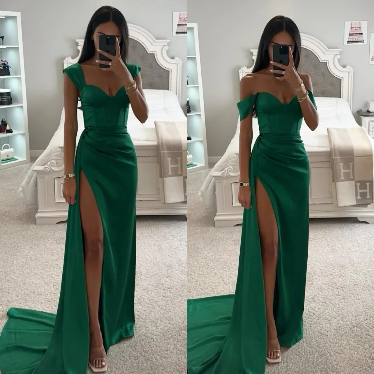green emerald velvet dress Knit x Satin Dress  La Garonne