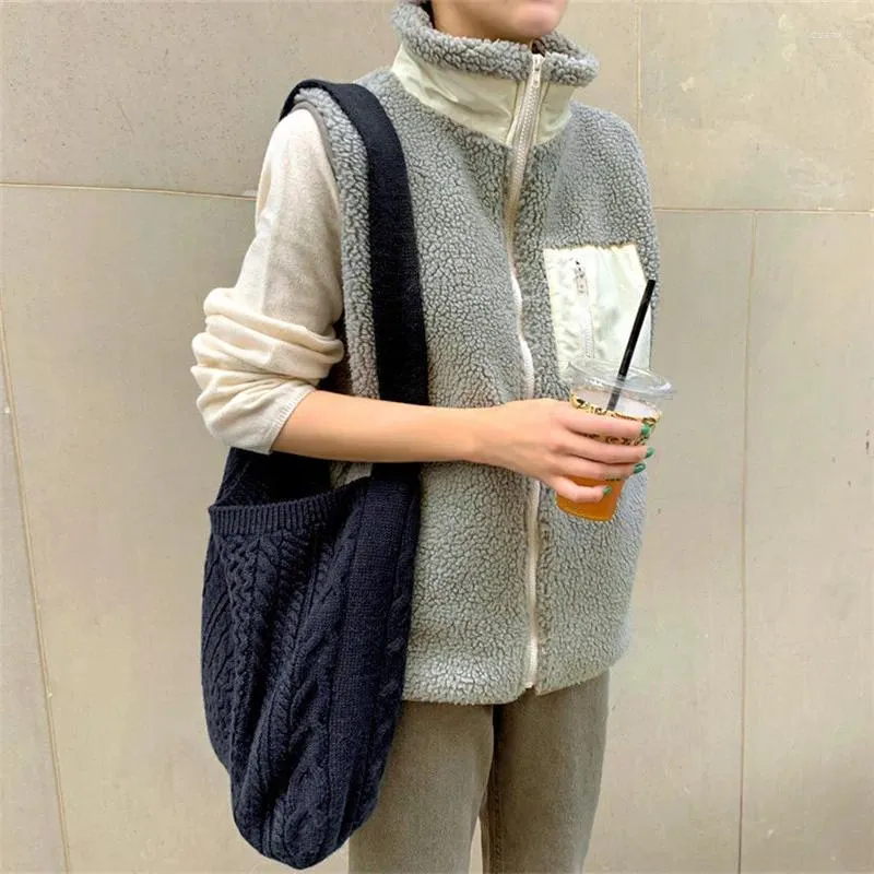 Women's Fur Berber Fleece Faux Girls Vest Stand Collar Sleeveless Contast Color With Side Pockets Fashion Coat