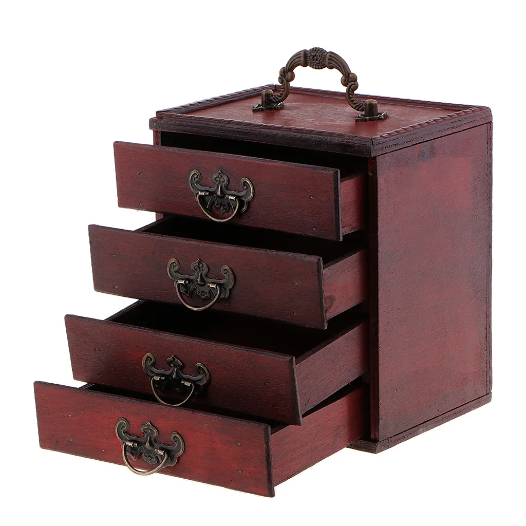 Antique 4 Layers Jewelry Storage Case Box Treasure Chest Wooden Art Crafts