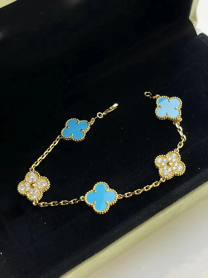 luxe merk klaver designer armbanden sieraden 18K goud Blauw Turquoise steen vlinder liefde 5 bloemen limited edition charmes armband consistent