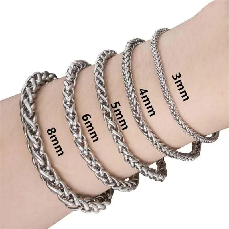 Pulseras de eslabones, cadena de acero inoxidable chapada en plata, cesta de flores de quilla de punto, pulsera para hombre de 4/5/6/8mm, mano para mujer, venta al por mayor, DropLink