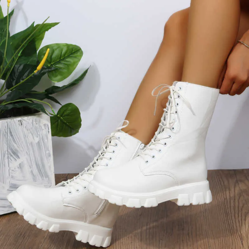 Stövlar 2022 Vinter plus size Lace Up Platform Heel Fashion Buckle Round Head Boots Bekväma kvinnor Botas Femininas de Couro Legitmos AA230406