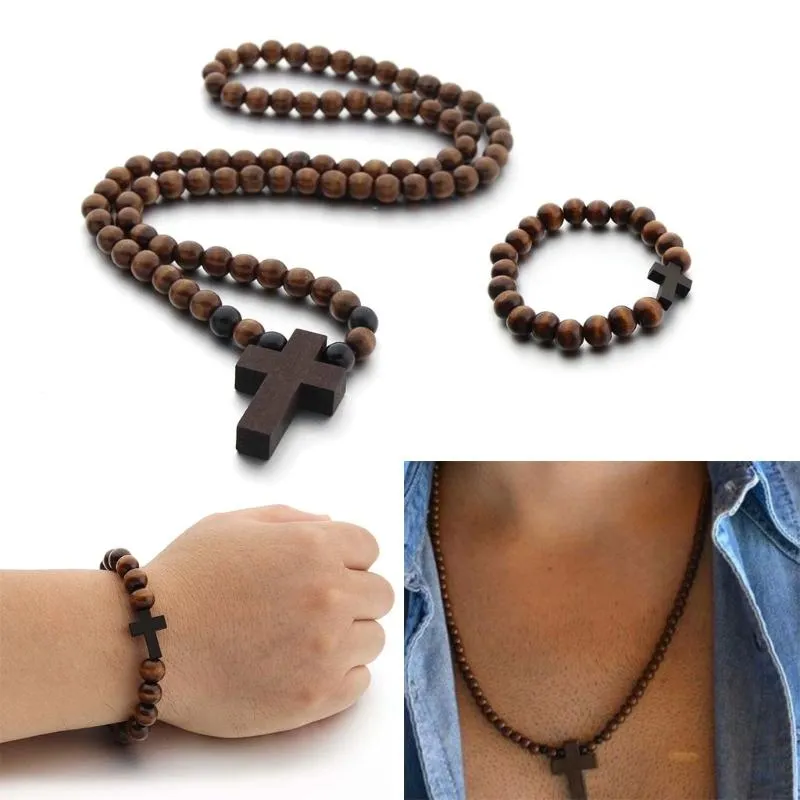 Подвесные ожерелья деревянные бусинки религиозное католическое распятие колье набор браслетов, набор первого подарка причастия вдохновляющий крест для молитвы