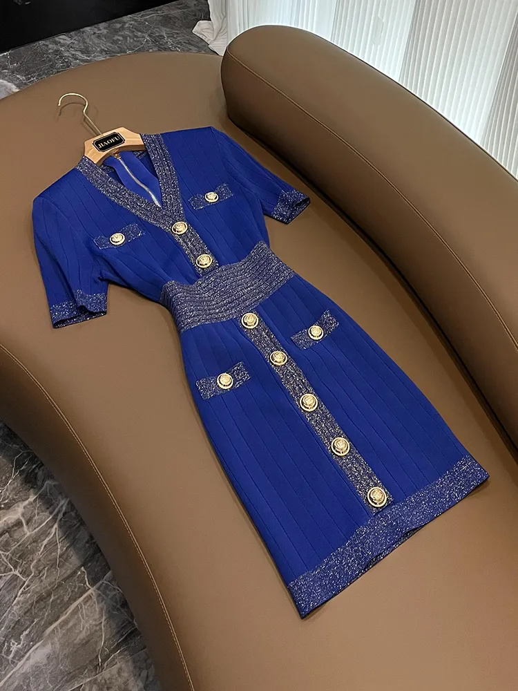 Blue Knitted V Neck Dress With Glitter Trim & Button Closure  A Line Mini  Dress For Summer From Risabeira, $64.71 In Bulk | DHgate.Com