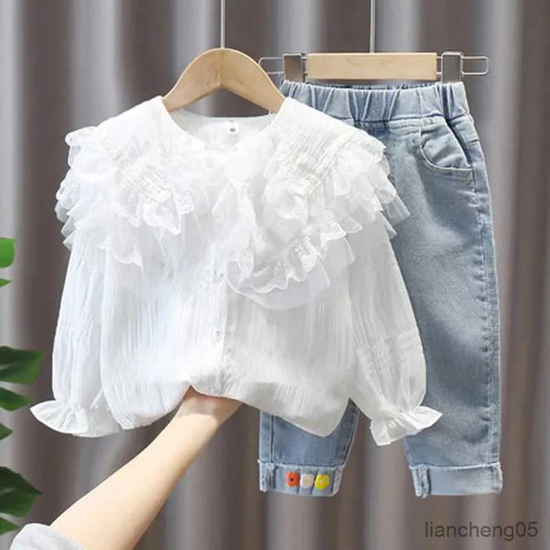 Zestawy odzieży Zestawy odzieży jesiennej dziewczyny Baby dziewczyna urocza duże lapowe koronki długie rękawy TOP+dżinsy Spring Dziecięce odzież moda dla dzieci R231107