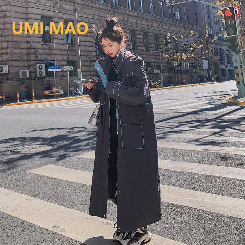 Damskie w dół parkas umi mao koreańsko -mody mody zimowej szkolna szkolna z kapturem zagęszczona ciepła długa płaszcz bawełniana kurtka kobiety y2k f