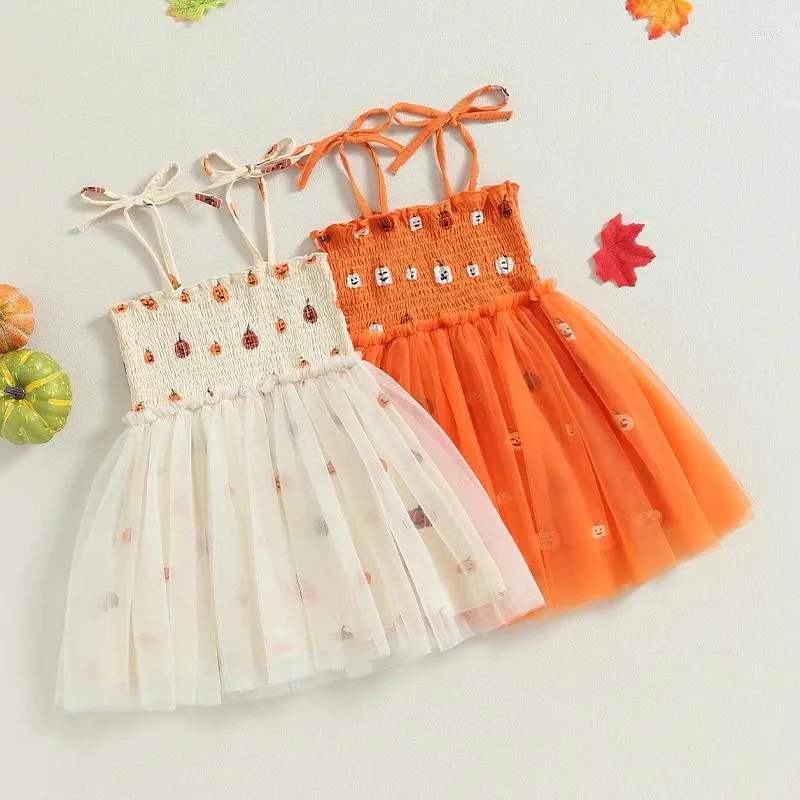 Abiti per ragazze 2023-07-09 Lioraitiin 0-6 anni Bambini Ragazze Abito sottoveste Cravatta senza maniche Stampa zucca Tulle Estate A-line Halloween