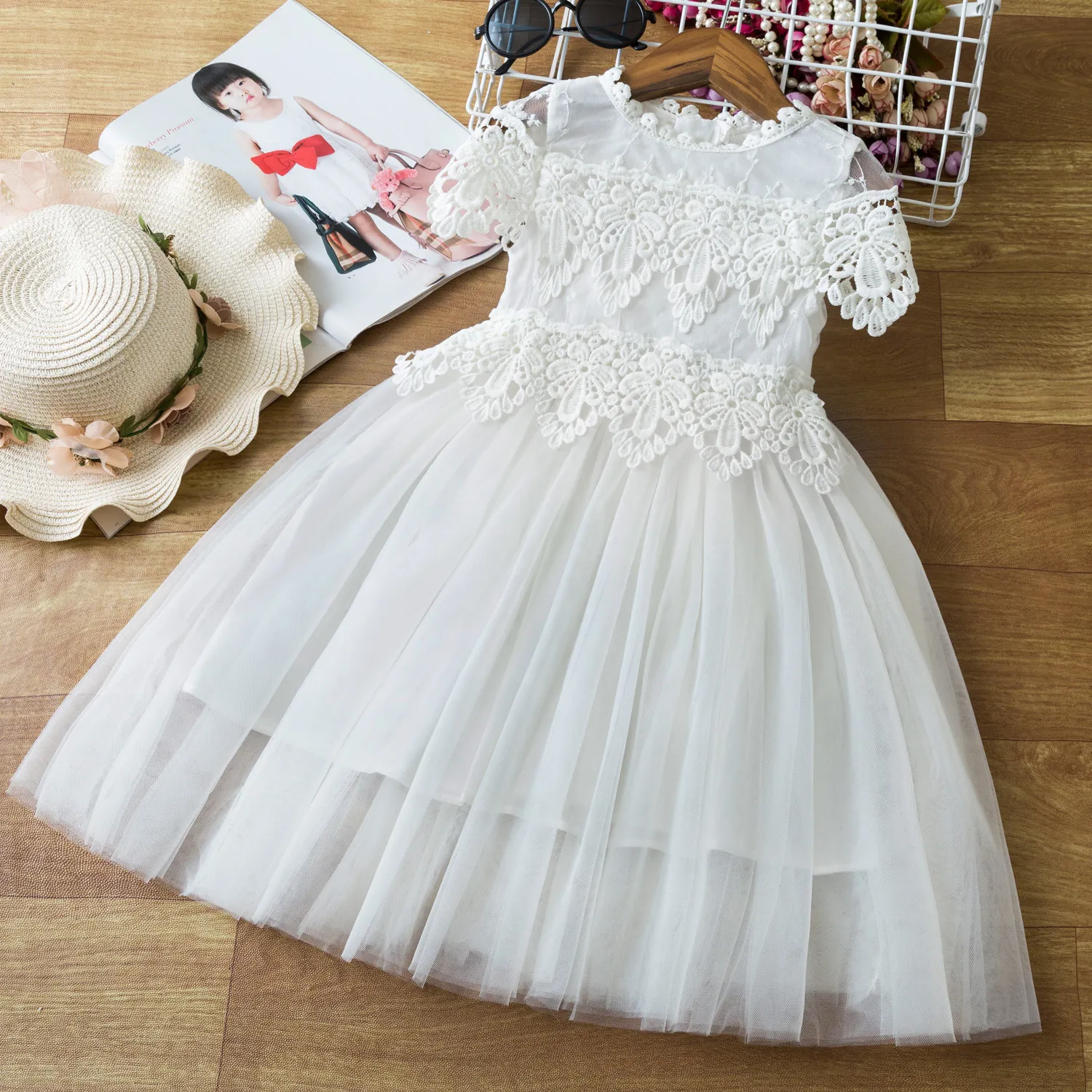 Robes de fille Élégante dentelle fleur fille robe de mariée enfants blanc premier échange robe transparente bébé fille anniversaire soirée robe de princesse 230407