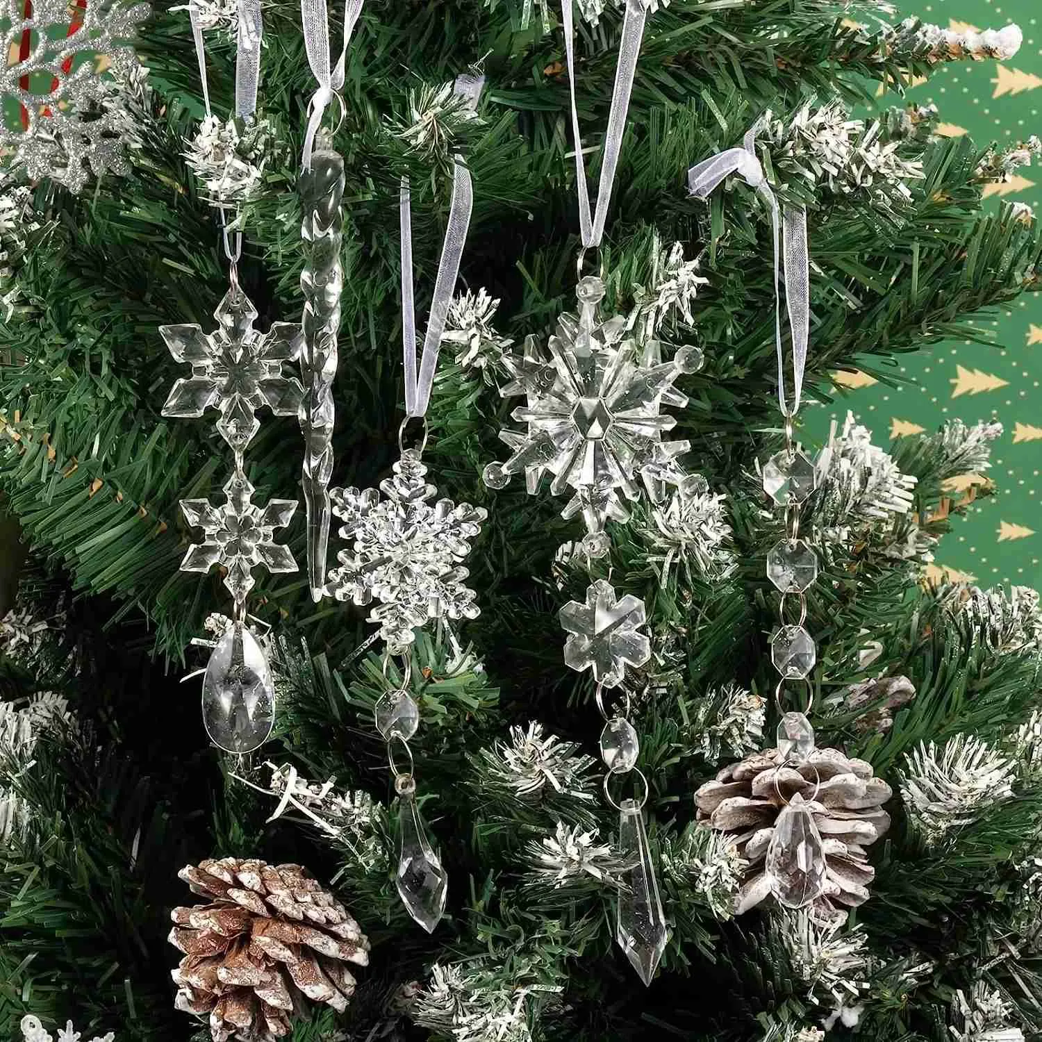 Christmas Decorations 10pcs Christmas Tree Decorative Crystal Pendant Acrylic Christmas Snowflake Icicle Crystal Pendant Winter Party Supplies R231107