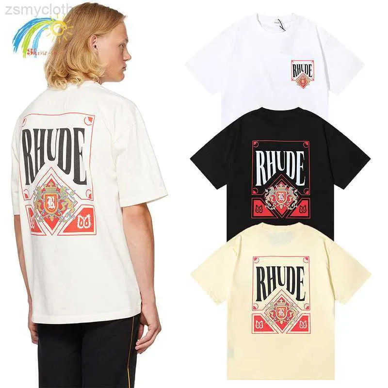 メンズTシャツ春の夏ルーズカジュアルRhude Tシャツ男性女性1 1レッドカード印刷ブラックホワイトアプリコットヒップホップrhude半袖