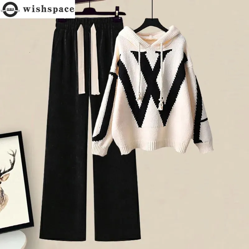 Women's Two Piece Pants Autumn and Winter Set 2023 Korean Edition Small Fragrance Sweater Casual Wide Leg 231107