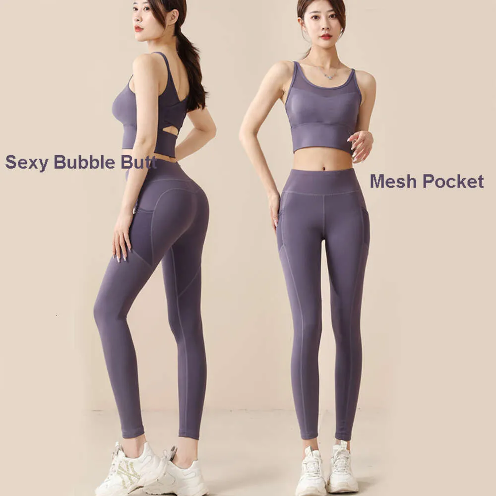 Lu Lu Yoga Set Gym Sport Lemon Women's Bra Matching Mesh Pocket Leggings Fitness Sport Lemonswear Tracksuit Women Two Piece Set