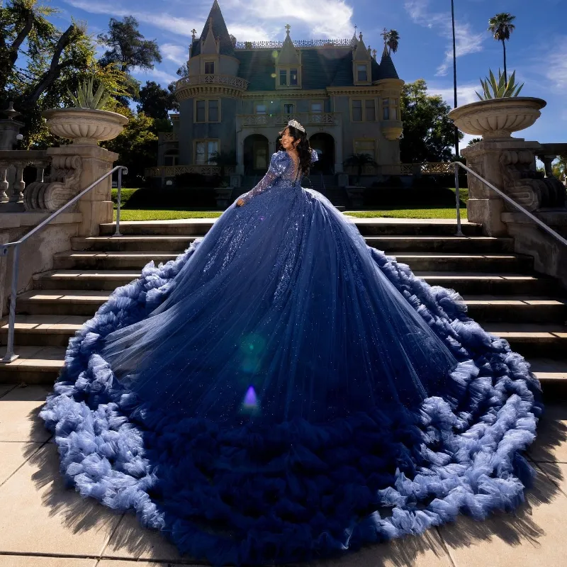 Robe Quinceanera bleu marine, col rond, avec des appliques de perles, manches longues, en tulle, à plusieurs niveaux, robe de bal, avec traîne, 15, 2024