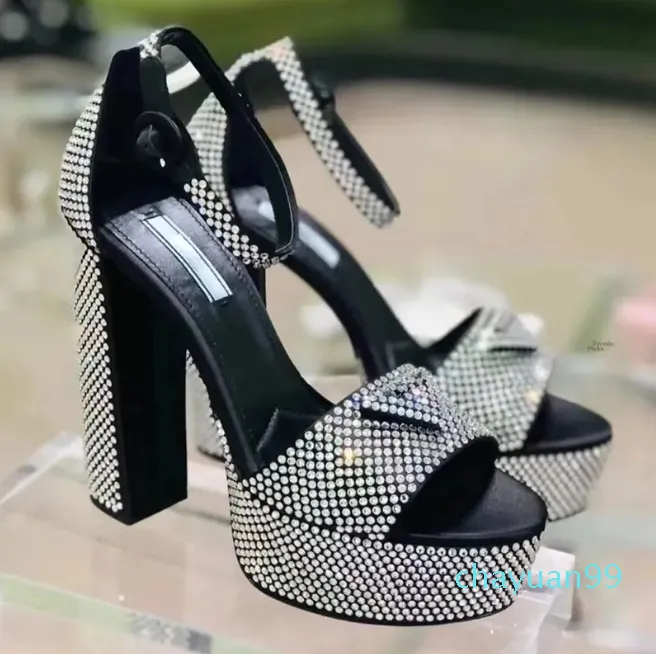 sandals rhinestone heels womens shoes Classic triangle buckle Embellished 13CM high Heeled Cover Heel shoe platform heel sandal 34-43
