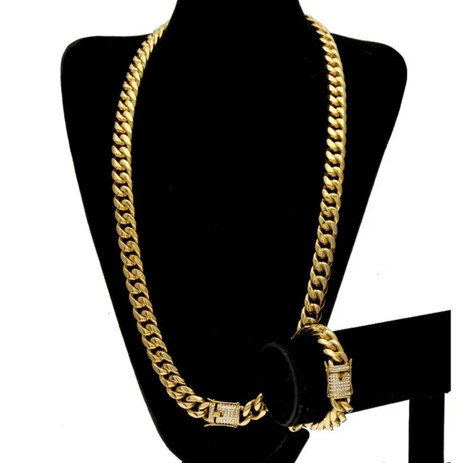 Aço inoxidável 24k ouro sólido galvanizado fundição fecho w diamante cubano link colar pulseira para homens curb correntes jóias set246i