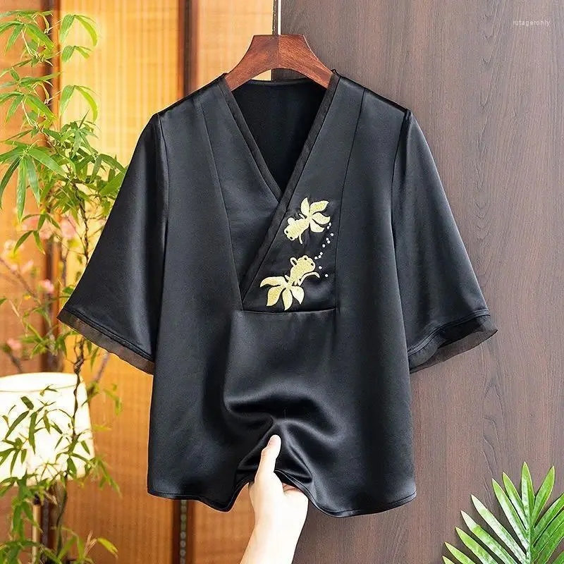 Ethnic Clothing Chinese Style Women's Silk Shirt Vintage Embroidered Gauze Top Summer Short Sleeve Tops