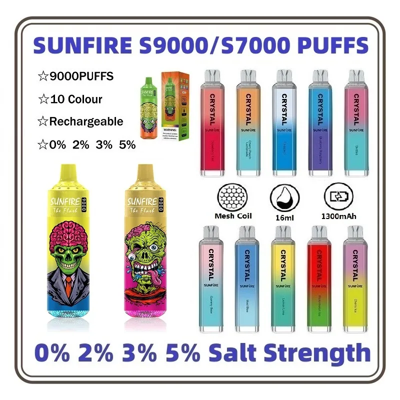 Original Sunfire Disposable Vape E Cigarette with Mesh Coil RGB Light Rechargeable Battery 18ml/16ml Prefilled Big Vapor Sticks Puff Pen vs RandM Tornado 7k 9k Puffs