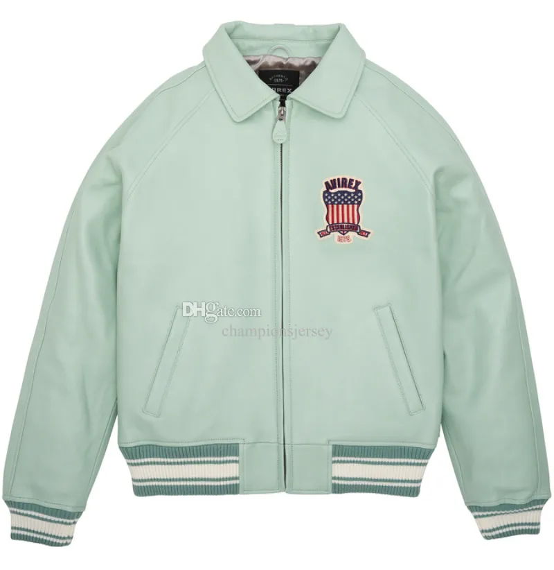 blouson aviateur en cuir vert citron combinaison de vol athlétique militaire revers en peau de mouton AVIREX USA