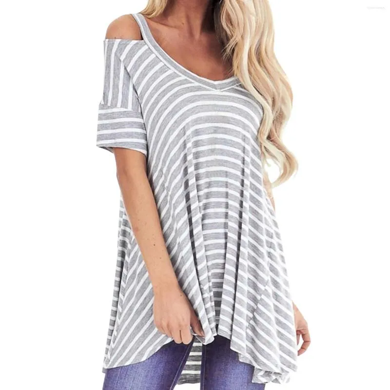 Kvinnors T -skjortor Kvinnor Short Sleeve Stripe Color Block Tunic Comfy Round Neck Shirt Topps