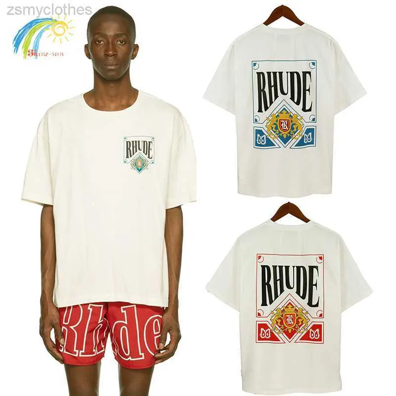 Men's T-Shirts Blue Red Card Printing RHUDE T Shirts Men Women Oversized Fashion Casual White Tee High Quality Summer Classic Short Sleeve