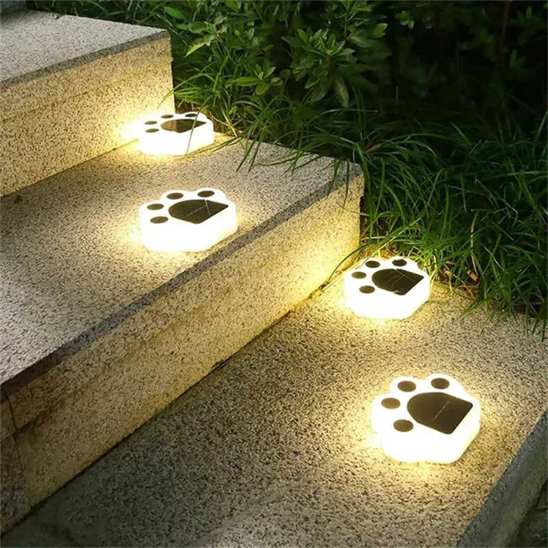 Lampade da giardino LED Luce solare da giardino Lampada da esterno impermeabile Decorazione da giardino Cane Gatto Animale Zampa Stampa Luci Percorso Lampada da prato String Percorsi Luce P230406