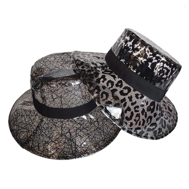 Wide Brim Hats Bucket Women s Casual PVC Plastic Girls Solid Black Leopard Nest Print Large Fisherman Sun Visor Cap Panama Hat 230407