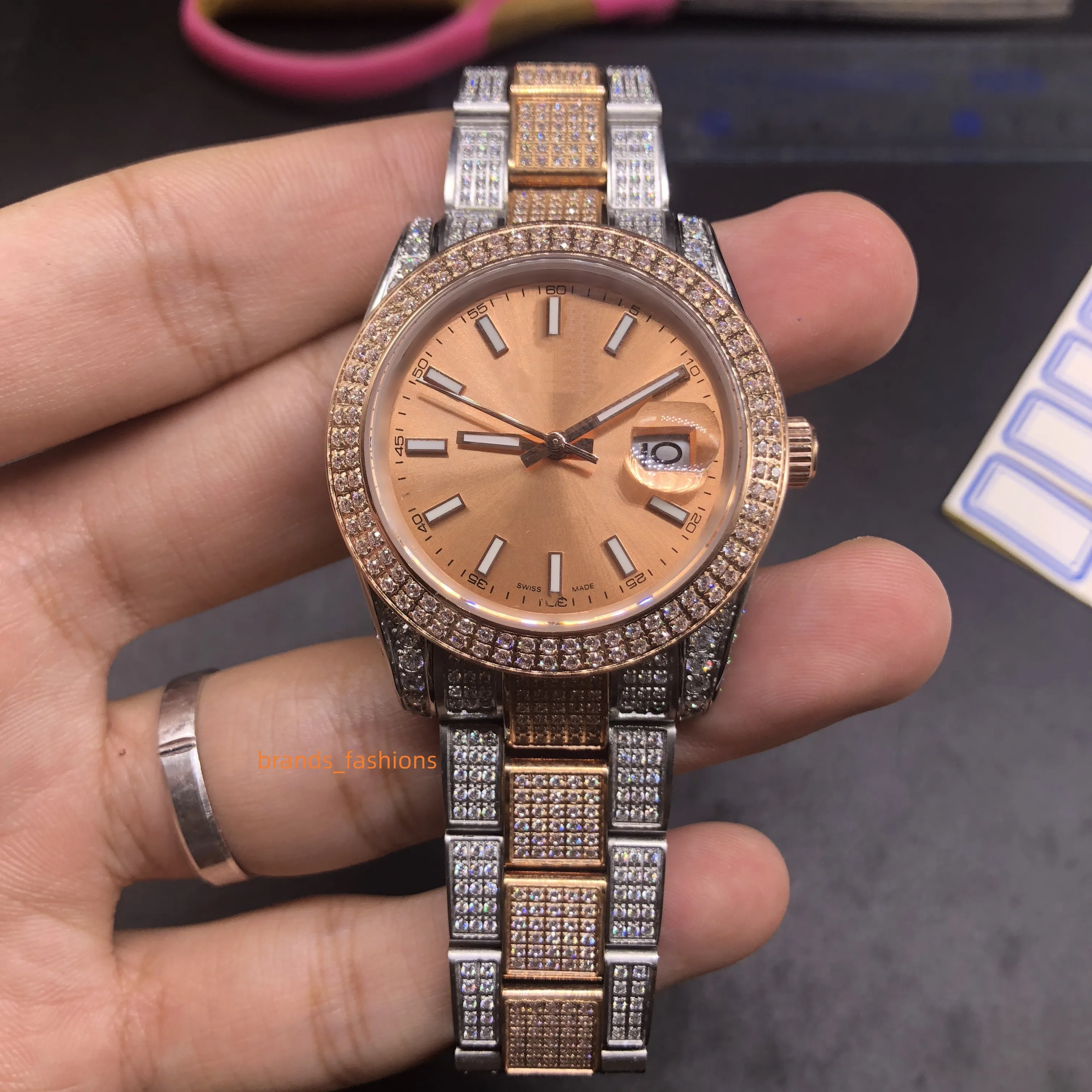 Iced CZ Diamond Watch für Herren, Silber, Roségold, Edelstahl, handgefertigt, Diamant, BandBoutique, Herren-Sportuhr, vollautomatische mechanische Uhr