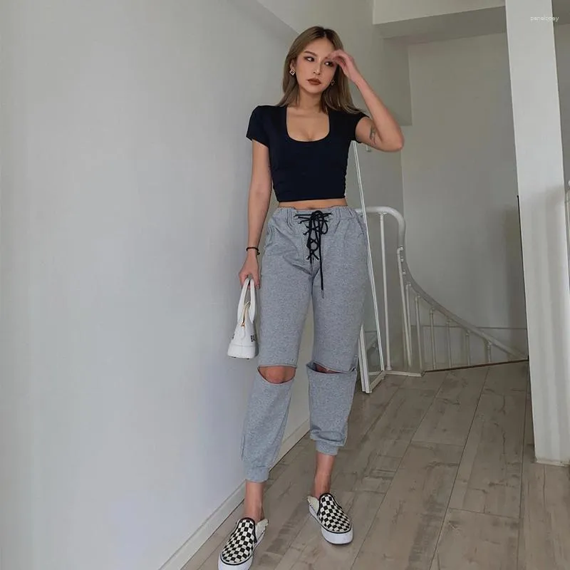 Women's Pants Bandage Hollow Out Lace Up Sweatpants And Jogger Street Women Casual Harem Trousers Track Pantalon Femme Ripped Sweat Pant