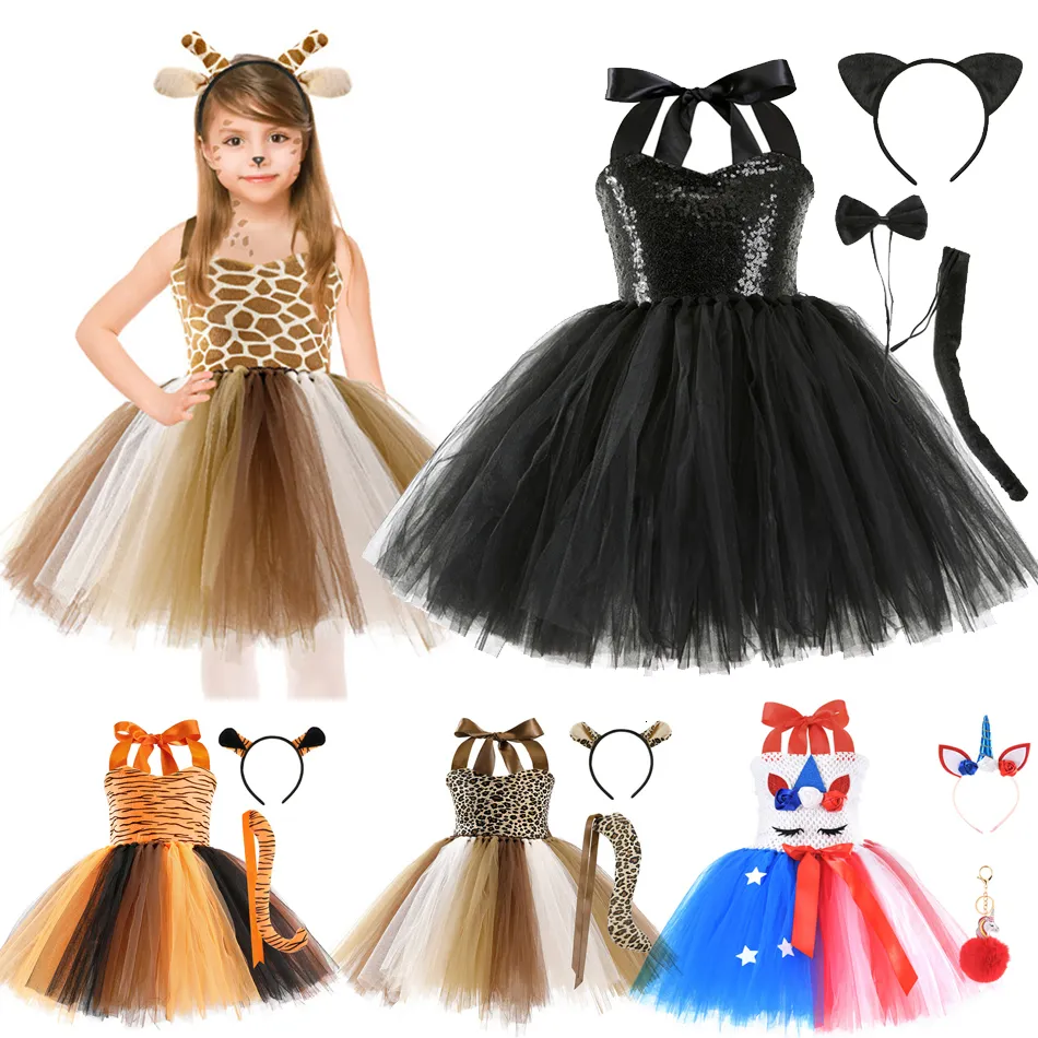 Cosplay Kid Girl Cartoon Tutu Leopard Dress Halloween Cat Zebra Giraffe Animal Cosplay Cosplay Przyjęcie urodzinowe strój świąteczny 230406