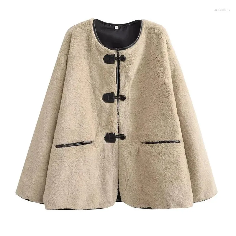 Pelliccia da donna EDSA Elegante donna kaki finta giacca cappotto maniche lunghe per donna monopetto doppie tasche spesso autunno inverno