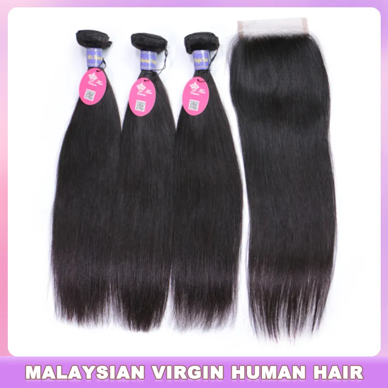 Malaysiska jungfru hårbunt med stängning rak mänskligt rå hårväv spetsstängning med buntar drottning hårprodukter med stängning
