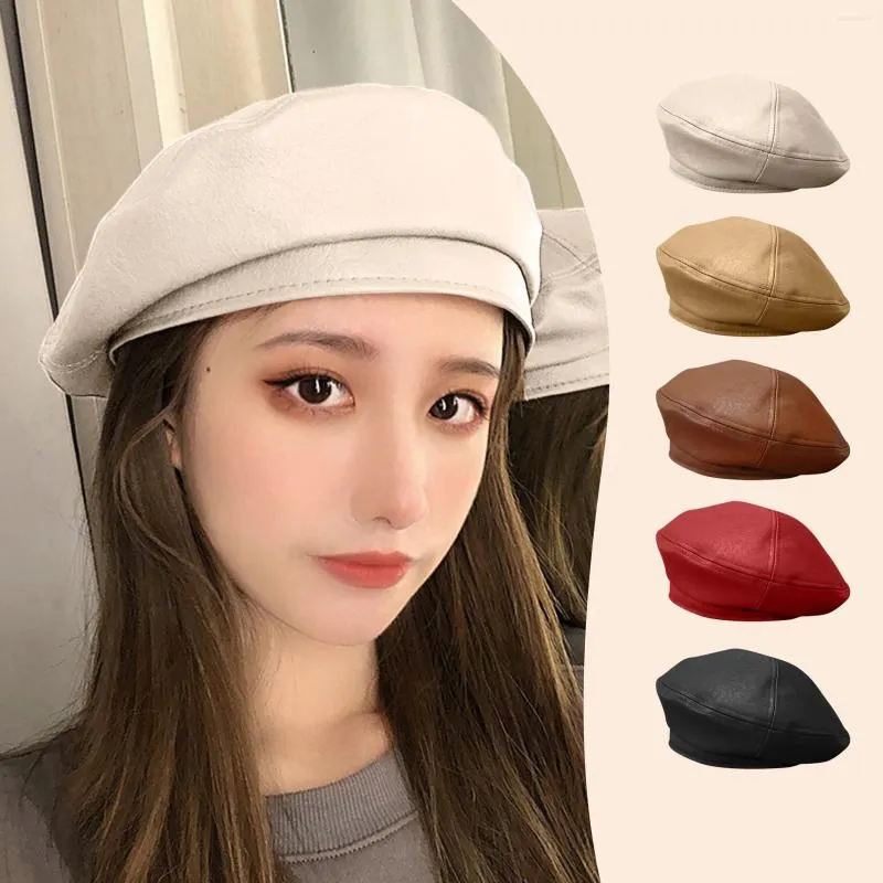 Basker vintage franska keps kvinnor casual faux läder basker hatt retro mössa mössor fast färg gata konstnär hattar gorras