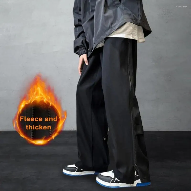 Herrbyxor Men Autumn Winter Cargo Mid-Rise Thick Fleece Foder Long Trousers dragkedja Stängning Back Button Wide Leg