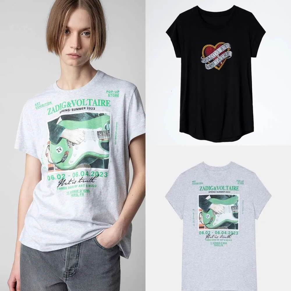 23SS Zadig Voltaire Designer T shirt Summer Fashion Trend Slim Cotton Tee zv Green Guitar White Ink Digital Print Women Round Neck Short Sleeved Polos T-Shirt Tide Tops