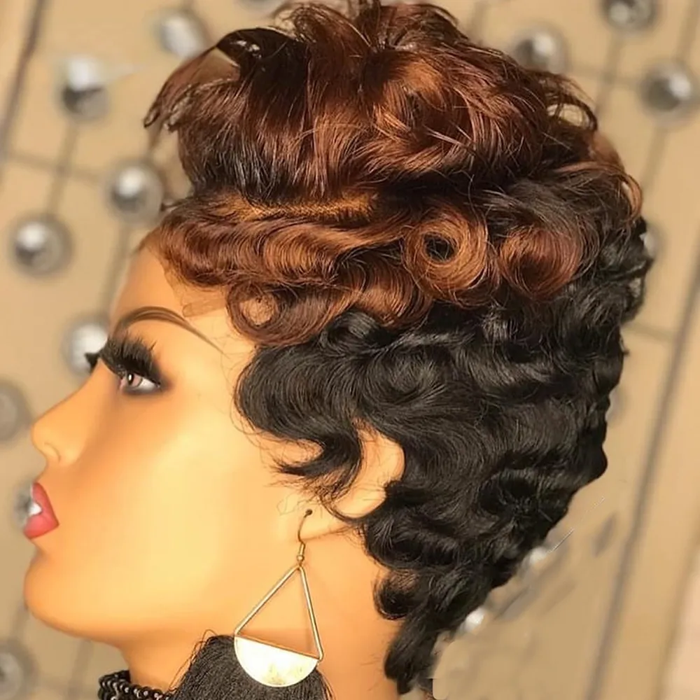 Ombre Brown Cor Curto Pixie Cut Peruca de Cabelo Humano Barato Perucas de Bob Reto Com Franja Cabelo Humano Frente de Renda Completa para Mulheres Negras