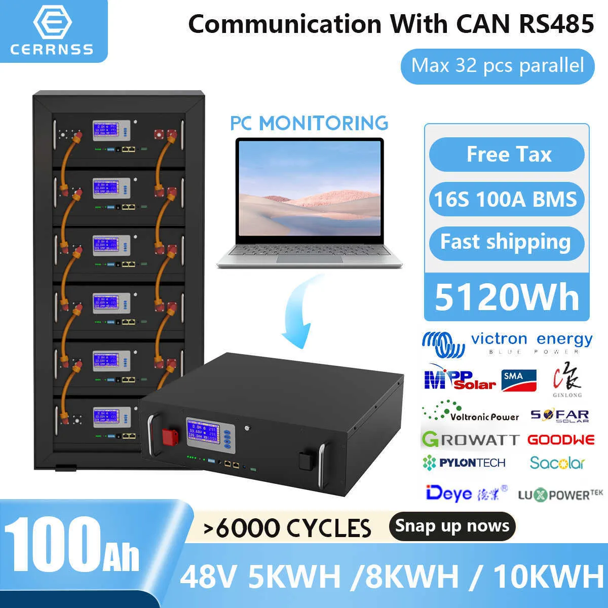 48V 100AH 200AH LiFePO4 Batterie 5KW 10KW Solar-Lithium-Batterien 6000 Zyklen RS485 CAN BUS PC Monitor für Off/On Grid Inverter