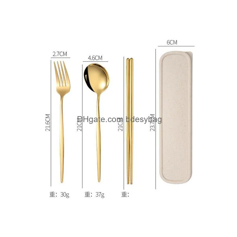 ディナーウェアセット3pcs/set cutlery with Box Holder 304ステンレス鋼スプーンフォークチョップスティックセット旅行用食器用品キッチンAC DHYVD