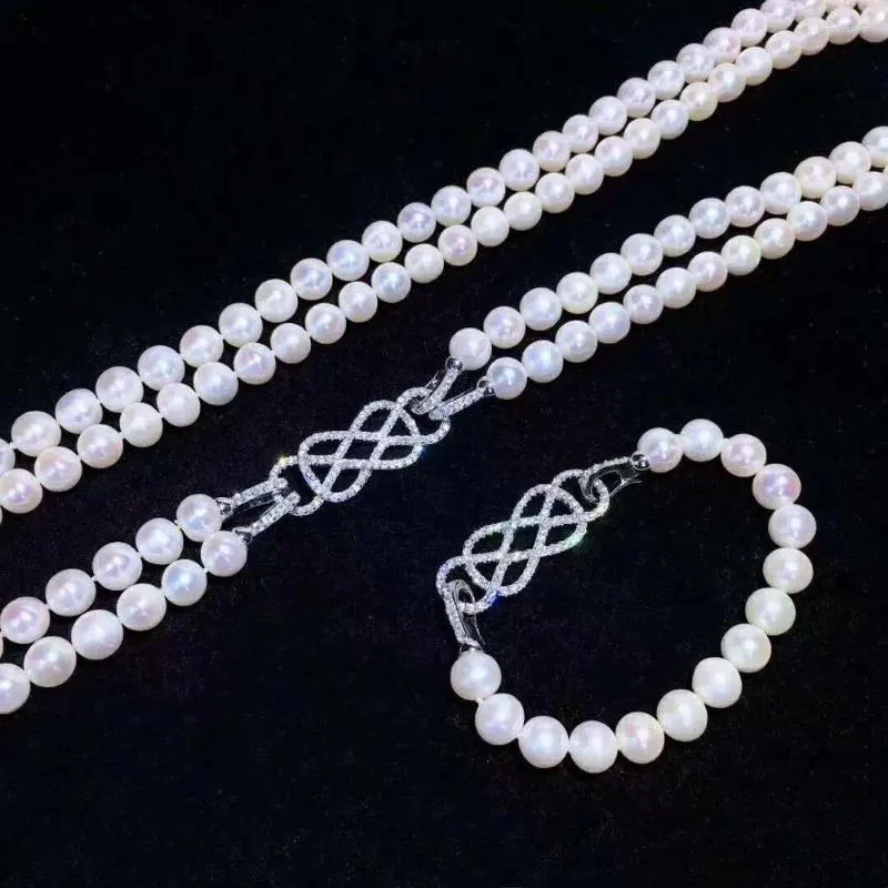 Necklace Earrings Set Hand Knotted Natural 7-8mm White Pearl Zircon Clasp Accessory Bracelet Fashion Jewelry