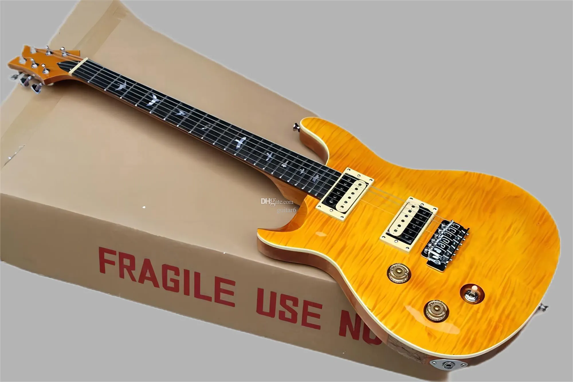 Custom Left Handed Orange Yellow Electric Guitar With Chrome Hardware, Birds Fret Inlay, Flame