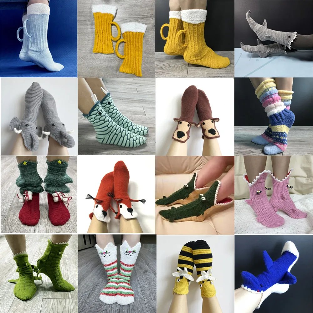 2023 Différents styles, divers motifs de dessins animés, chaussettes chaudes personnalisées tricotées de Noël, chaussettes de sol pour la maison, chaussettes en laine à manches moyennes, divers styles pour hommes et femmes