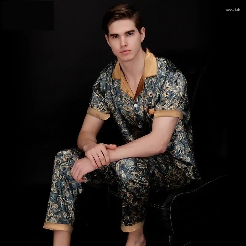 Mäns sömnkläder Mens Rayon Silk Pyjamas Set Summer Short Sleeve Satin Nightwear Home Clothes Man