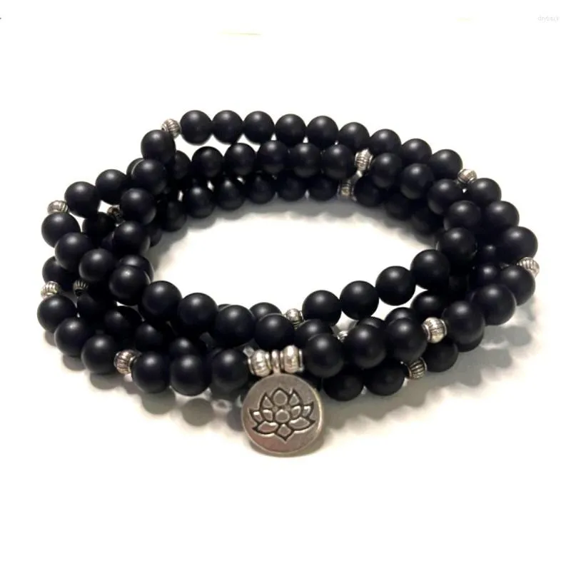 Strand 8 mm Mattle Black Onyx 108 Mala Bread Bransoletka medytacja joga joga biżuteria elastyczna okład japamala różańca