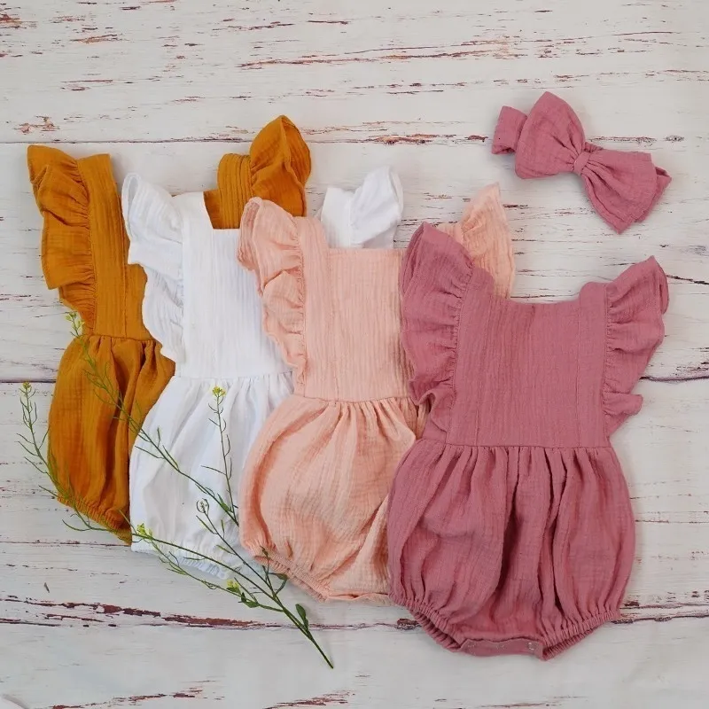 Rompers Organic Cotton Baby Girl Clothes Summer Double Gauze Kids Ruffle Romper Jumpsuit Headband Dusty Pink Playsuit For born 230406