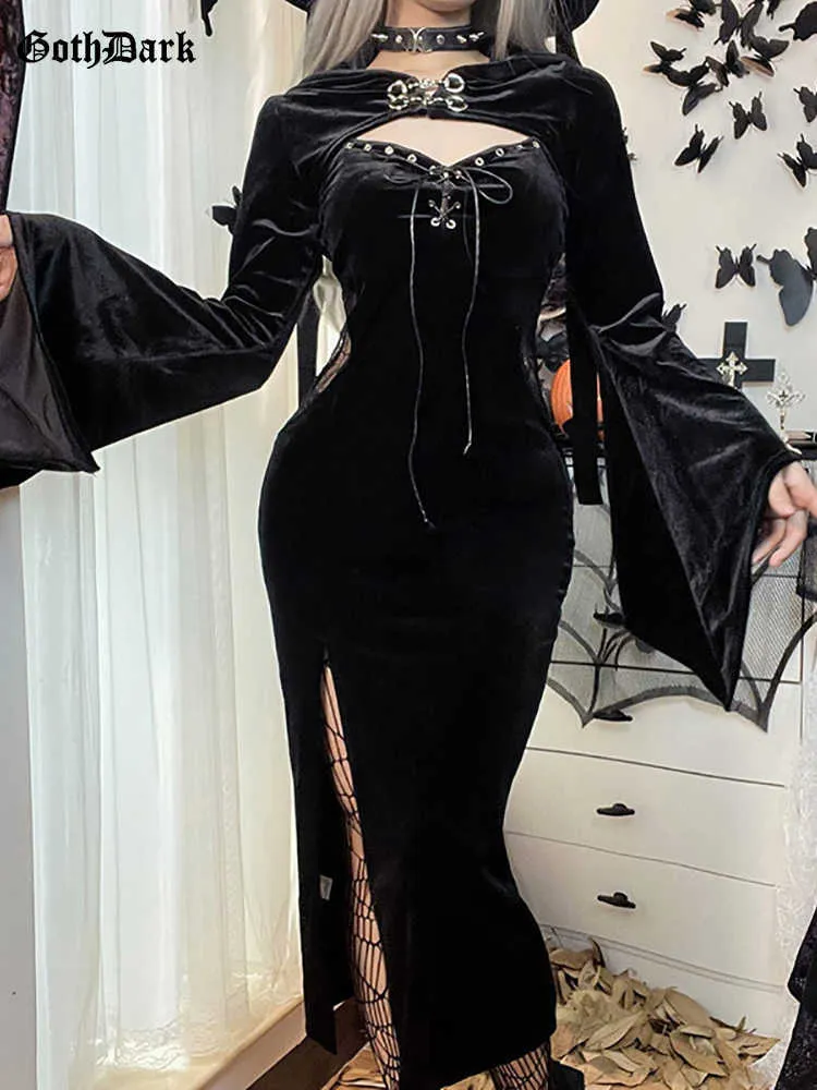 Casual Dresses Goth Dark Bandage Gothic Elegant Women High Split Dresses Spets Side Transprent Grunge Midi Dress Flare Sleeve Alt Crop Shrug Top P230407