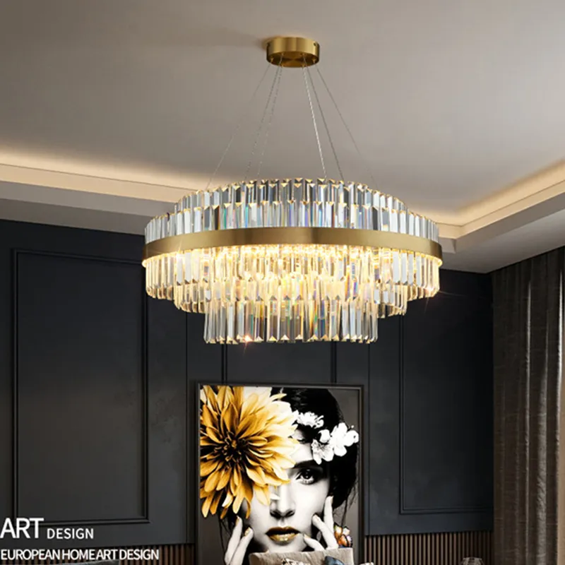 Moderno led lustre de teto redondo regulável sala jantar lustre brilho dourado luxo iluminação cristal decoração