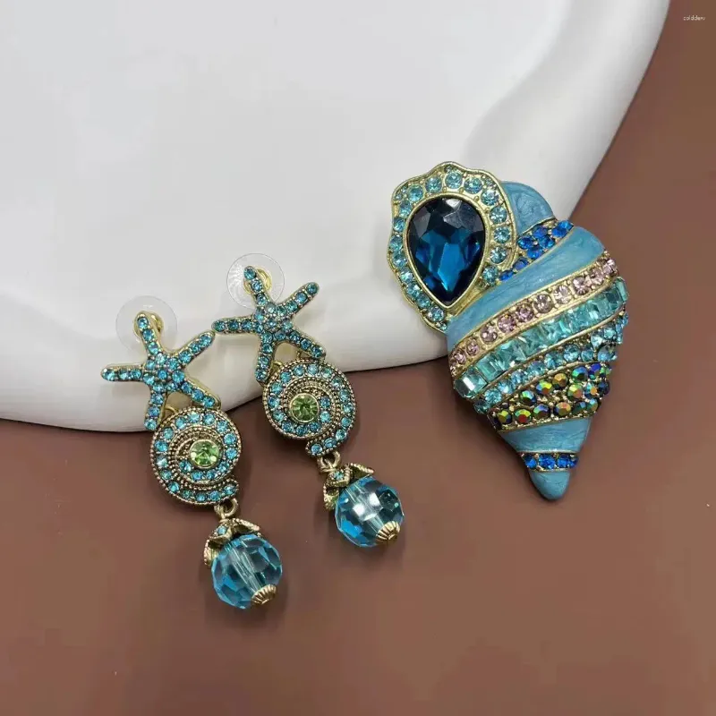 Halsband örhängen set blå ocean stil vintage konst trend stjärnfisk conch brosch kombination
