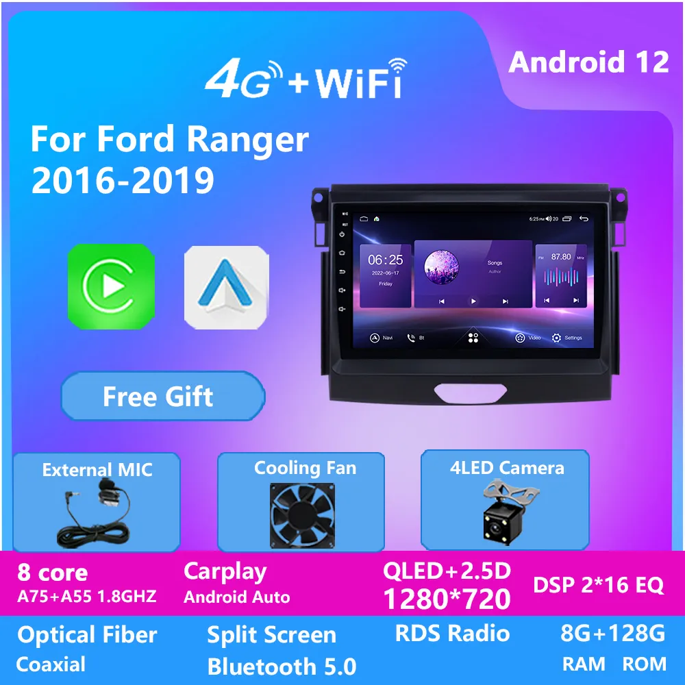 Android 12 비디오 스테레오 2 DIN 자동차 라디오 멀티미디어 GPS 플레이어 Ford Ranger 2016-2019 CarPlay